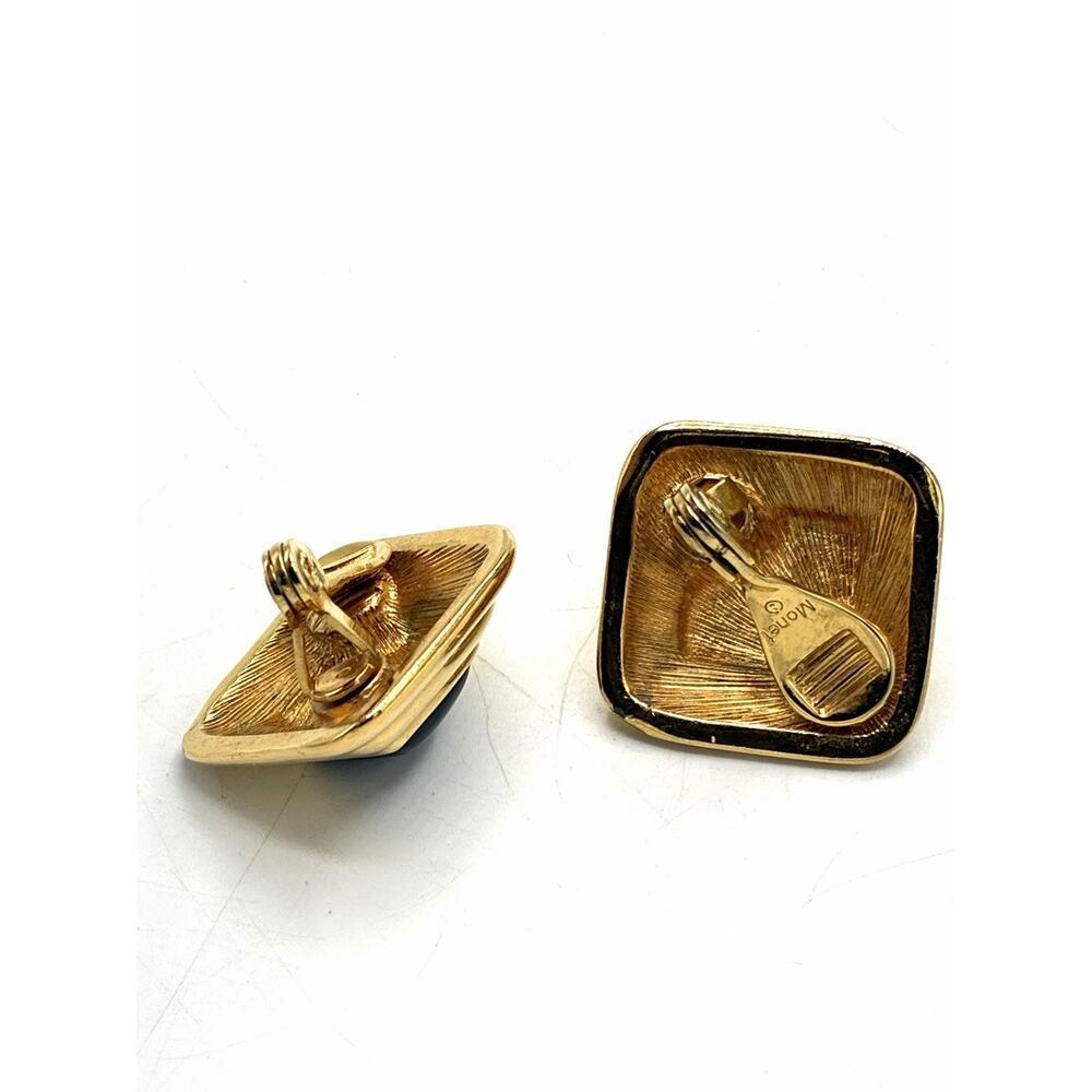 Vintage Monet Signed Gold Tone Geometric Square Clip Earrings Black Cabochon - Picture 5 of 6